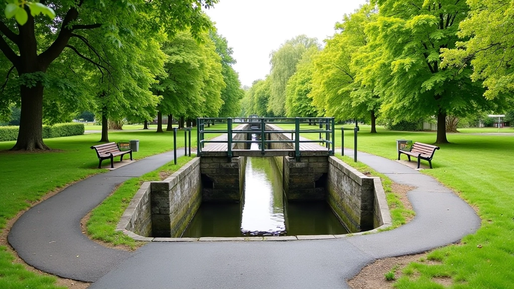 Lock gates and bridge on the Grand Canal with clear walking path and benches