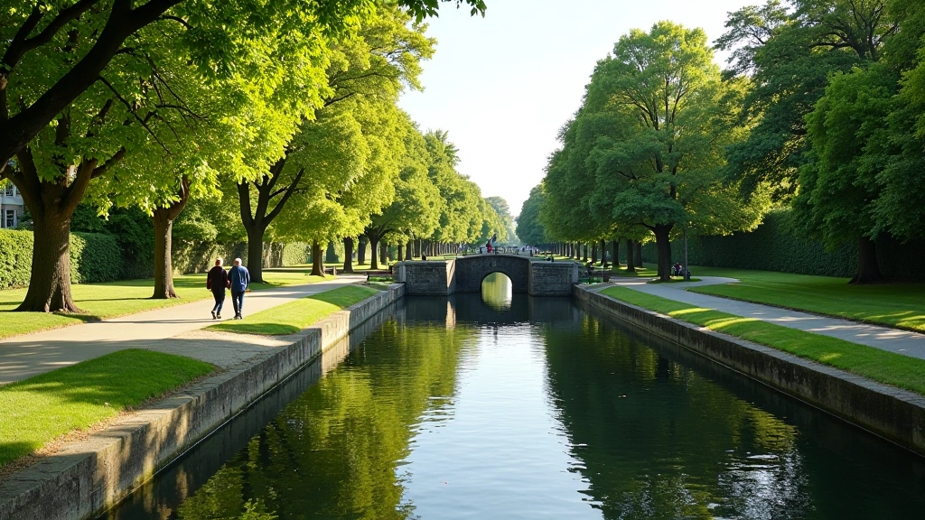 Scenic view of the Grand Canal Way in Dublin with green towpath and historic lock gates