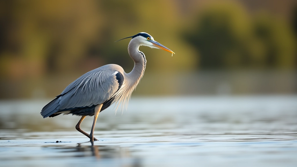 Great blue heron standing in shallow water along the Barrow River, hunting for fish in early morning light