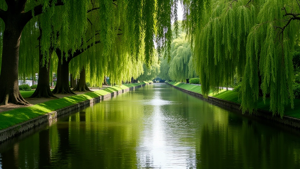 Peaceful section of the Grand Canal with overhanging trees and calm water reflections