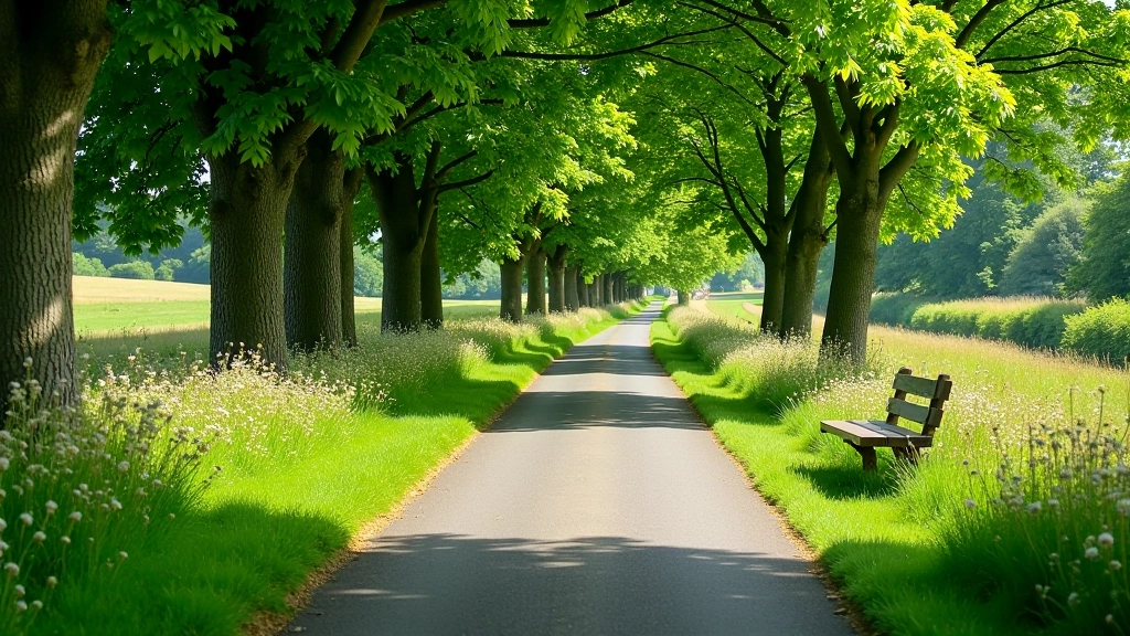 Maynooth section of Royal Canal Greenway showing tree-lined towpath with wildflowers and benches