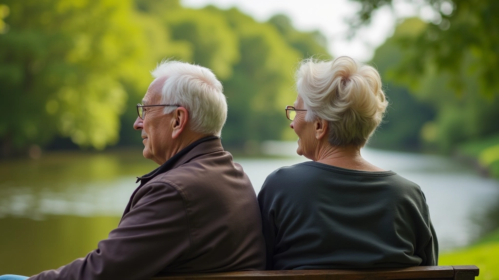 Senior walkers enjoying refreshments at a riverside bench with peaceful water views and green surroundings