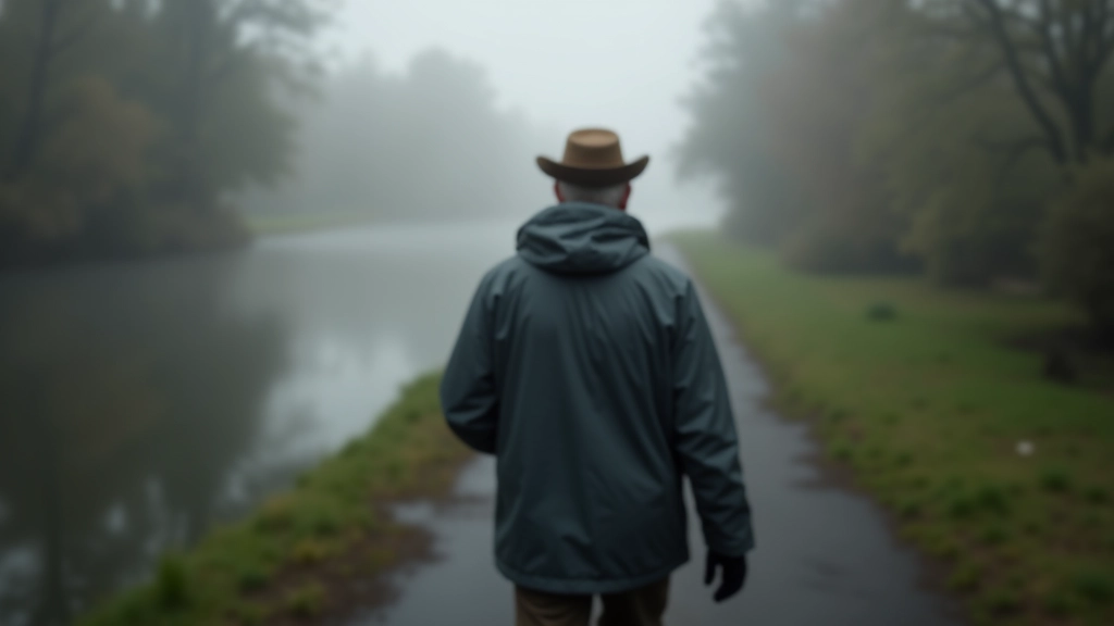 Senior walker in appropriate weather gear on misty canal towpath with trees and water visible in background