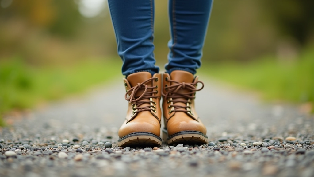 Senior walker wearing proper hiking shoes and moisture-wicking socks on a canal towpath, close-up of footwear on gravel path