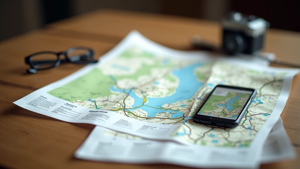 Navigation map and smartphone GPS app showing canal route on wooden table with walking gear nearby