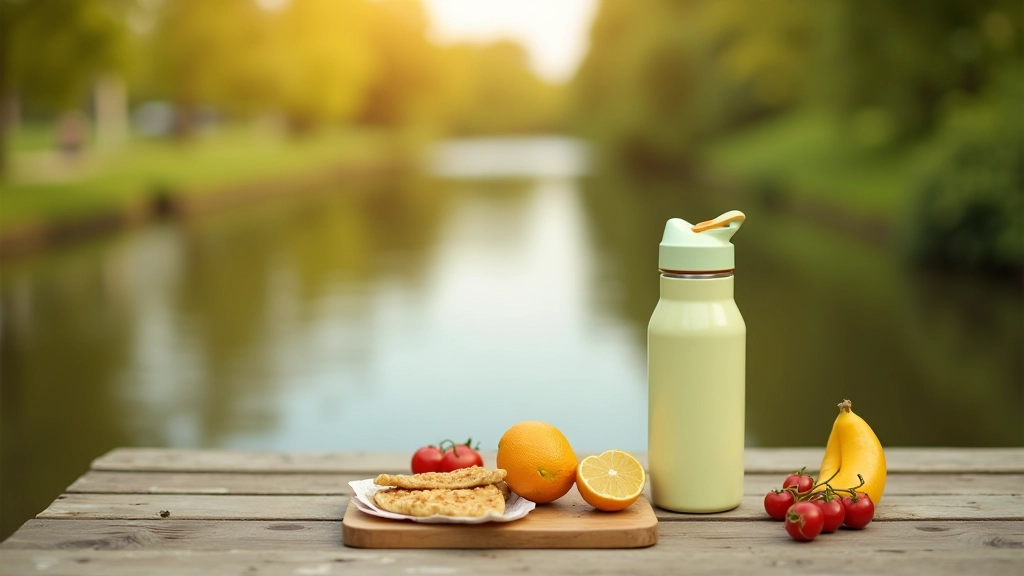 Water bottle and healthy snacks arranged on a canal bench with scenic water view in background