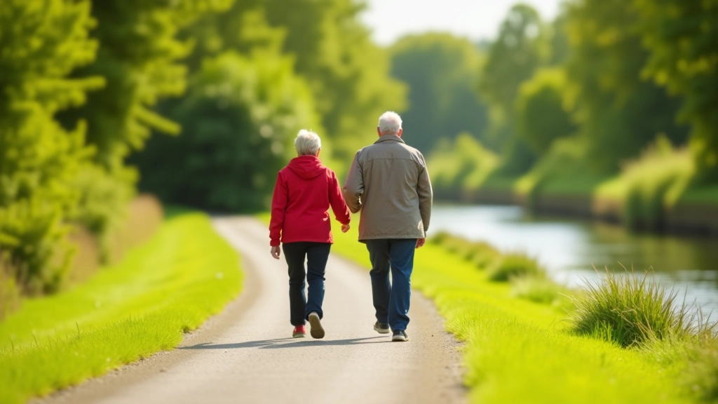 Senior walkers enjoying a sunny day on the canal towpath